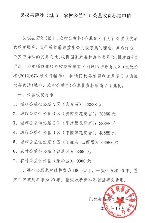 民權(quán)縣碧沙（城市、農(nóng)村公益性）公墓收費標(biāo)準申請